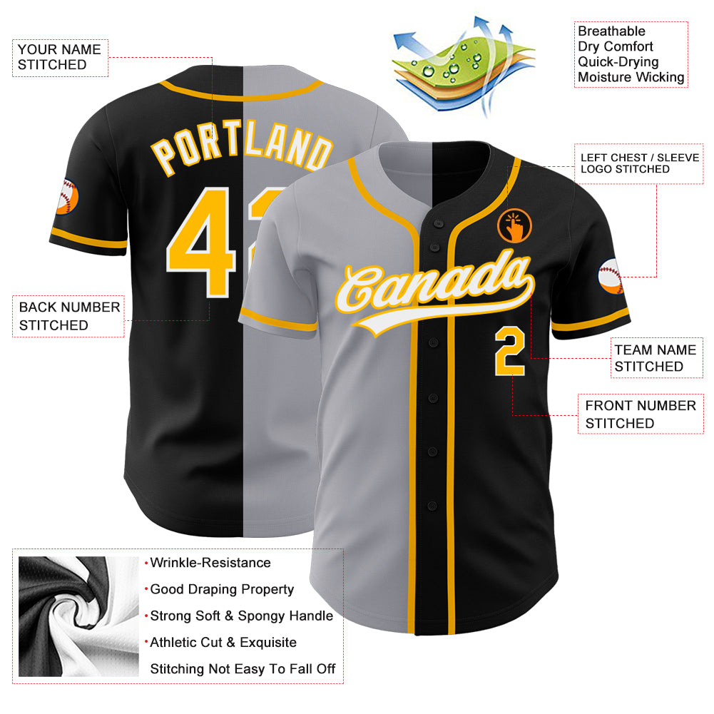Personalized Black Gold-Gray Split Fashion Baseball Jersey 2 Personalized Black and Gray Split Fashion Baseball Jersey for Men and Women Personalized Black Gold-Gray Split Fashion Baseball - Image 3