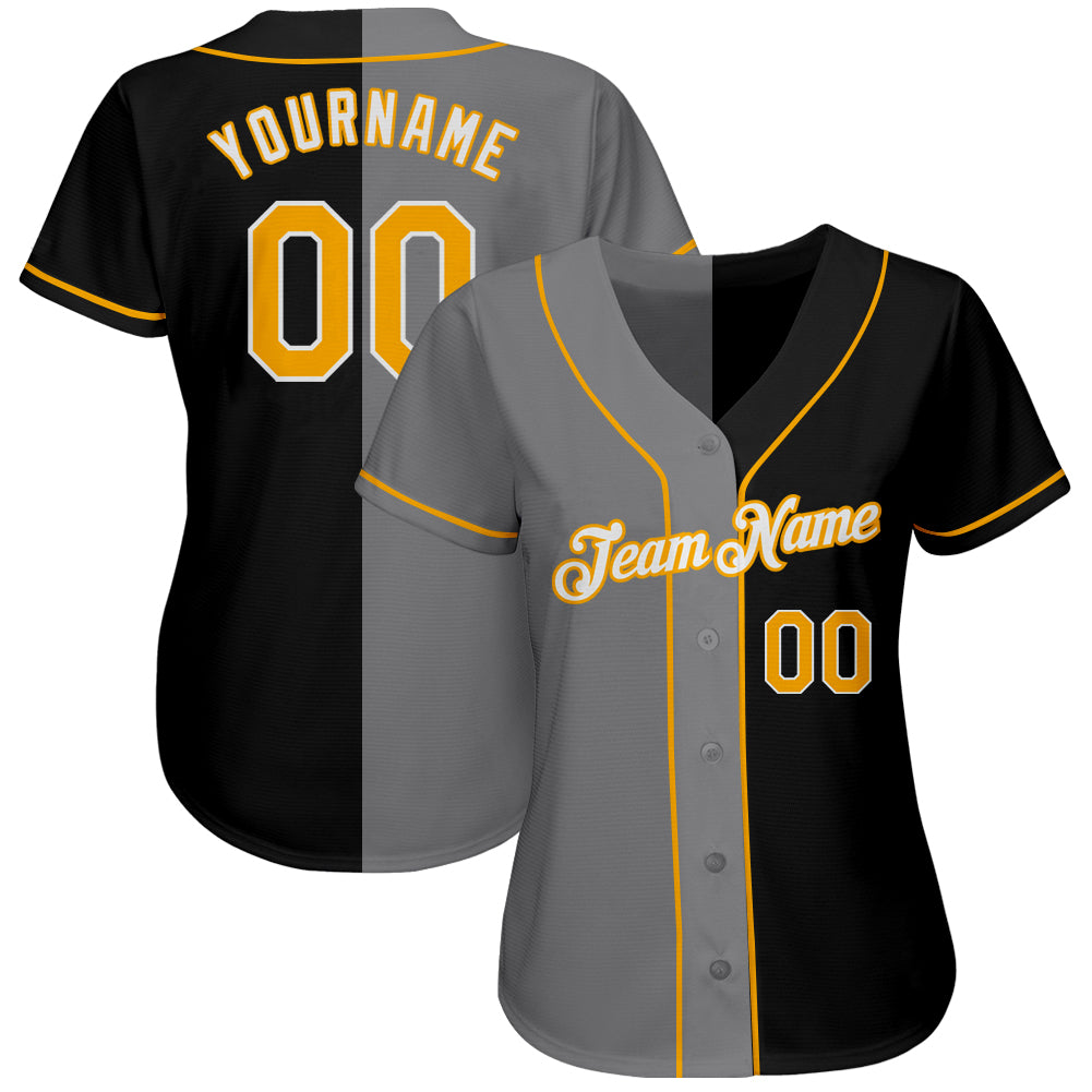 Personalized Black Gold-Gray Split Fashion Baseball Jersey Personalized Black Gold Gray Fashion Baseball Jersey for Men and Women Personalized Black Gold-Gray Split Fashion Baseball - Image 2