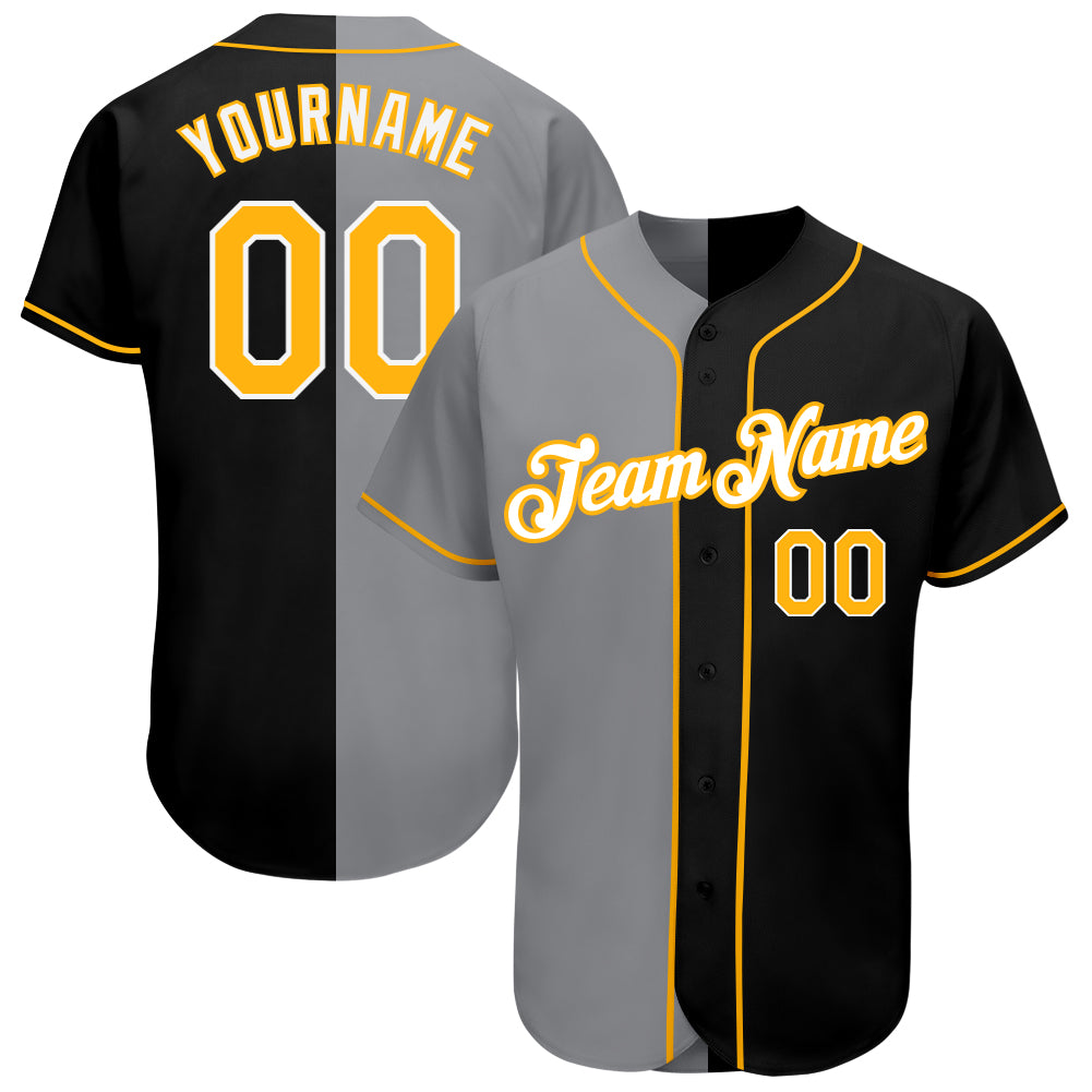 Personalized Black Gold Gray Fashion Baseball Jersey for Men and Women Personalized Black Gold-Gray Split Fashion Baseball
