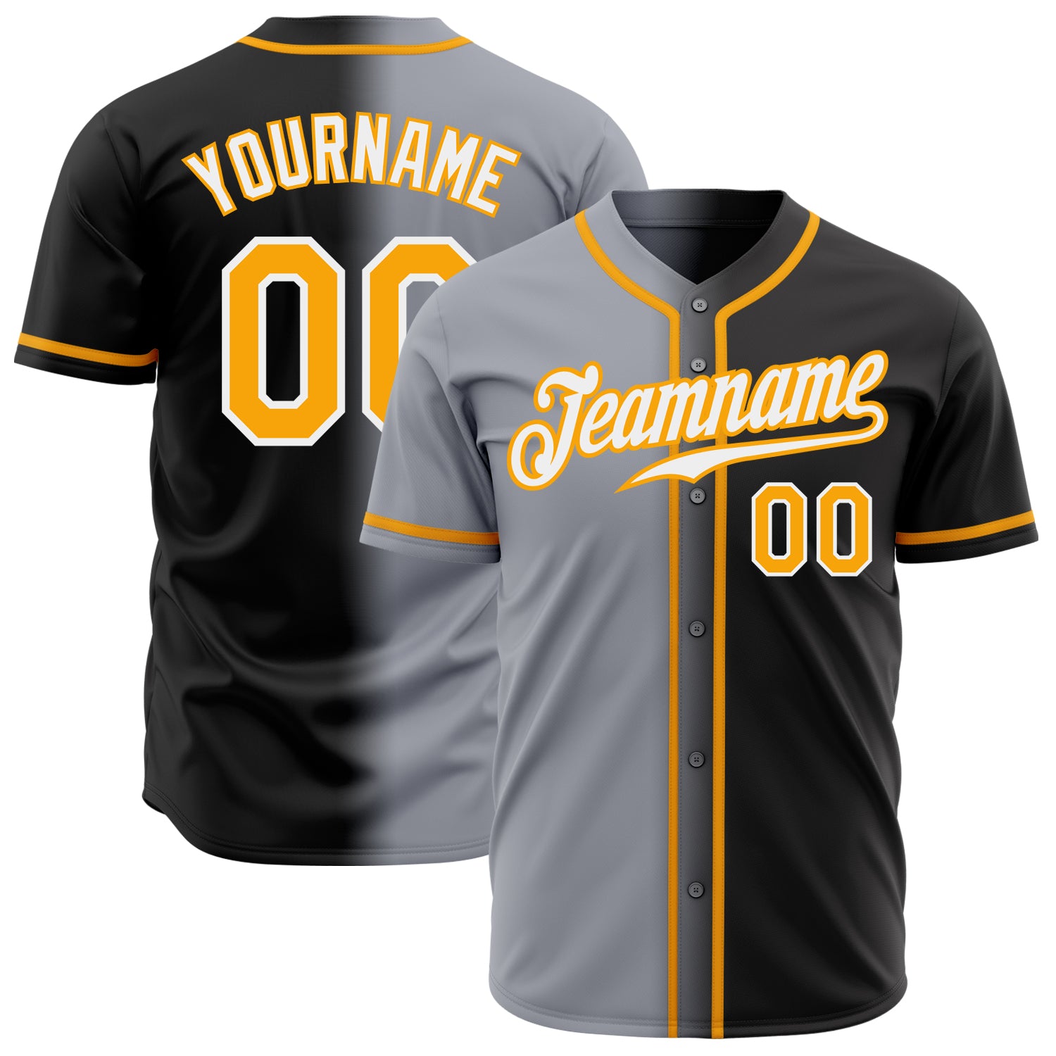 Custom Personalized Baseball Jersey with Gradient Design in Black Gold Gray White - Authentic Team Name & Number Personalized