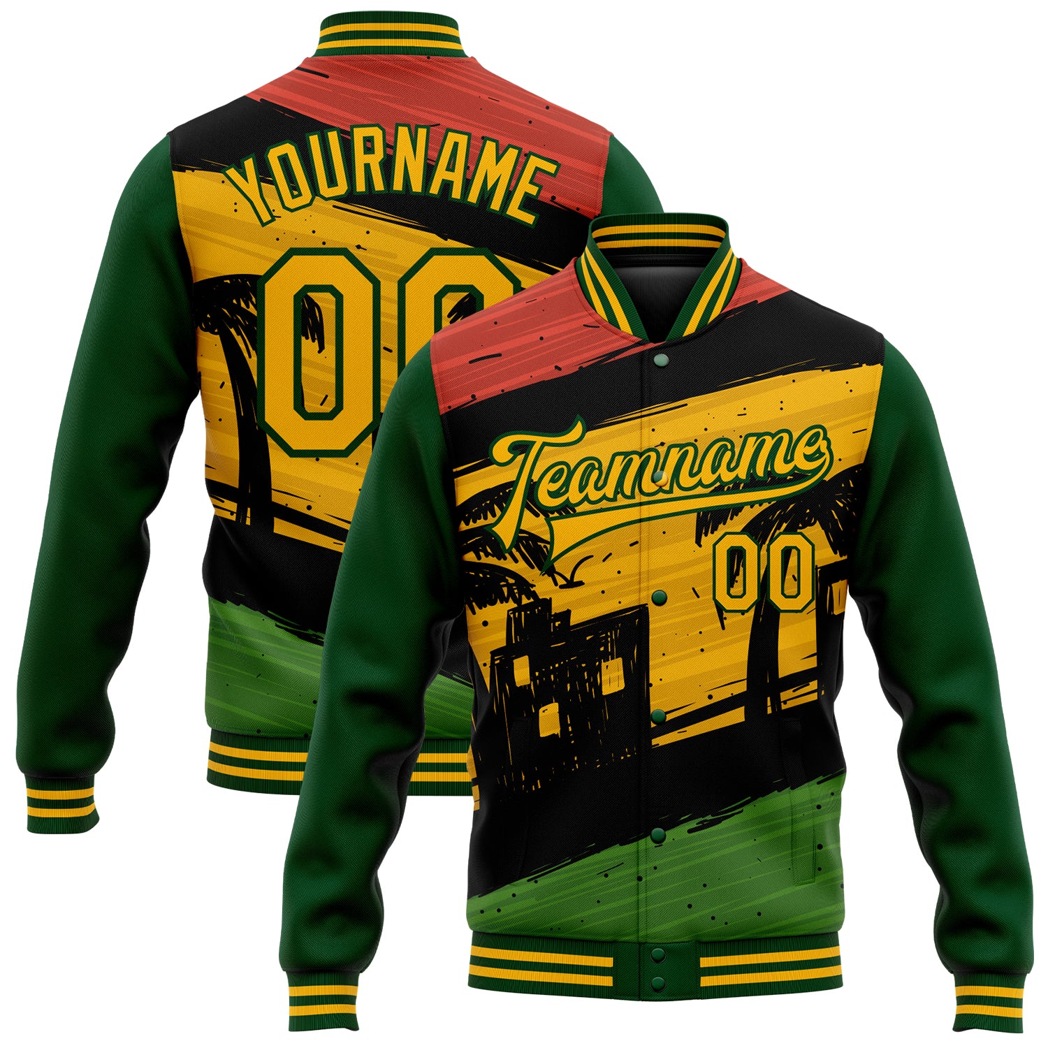 Personalized Black Green 3D Pattern Bomber Jacket for Black History Month - Custom Name & Number Full-Snap Varsity Letterman
