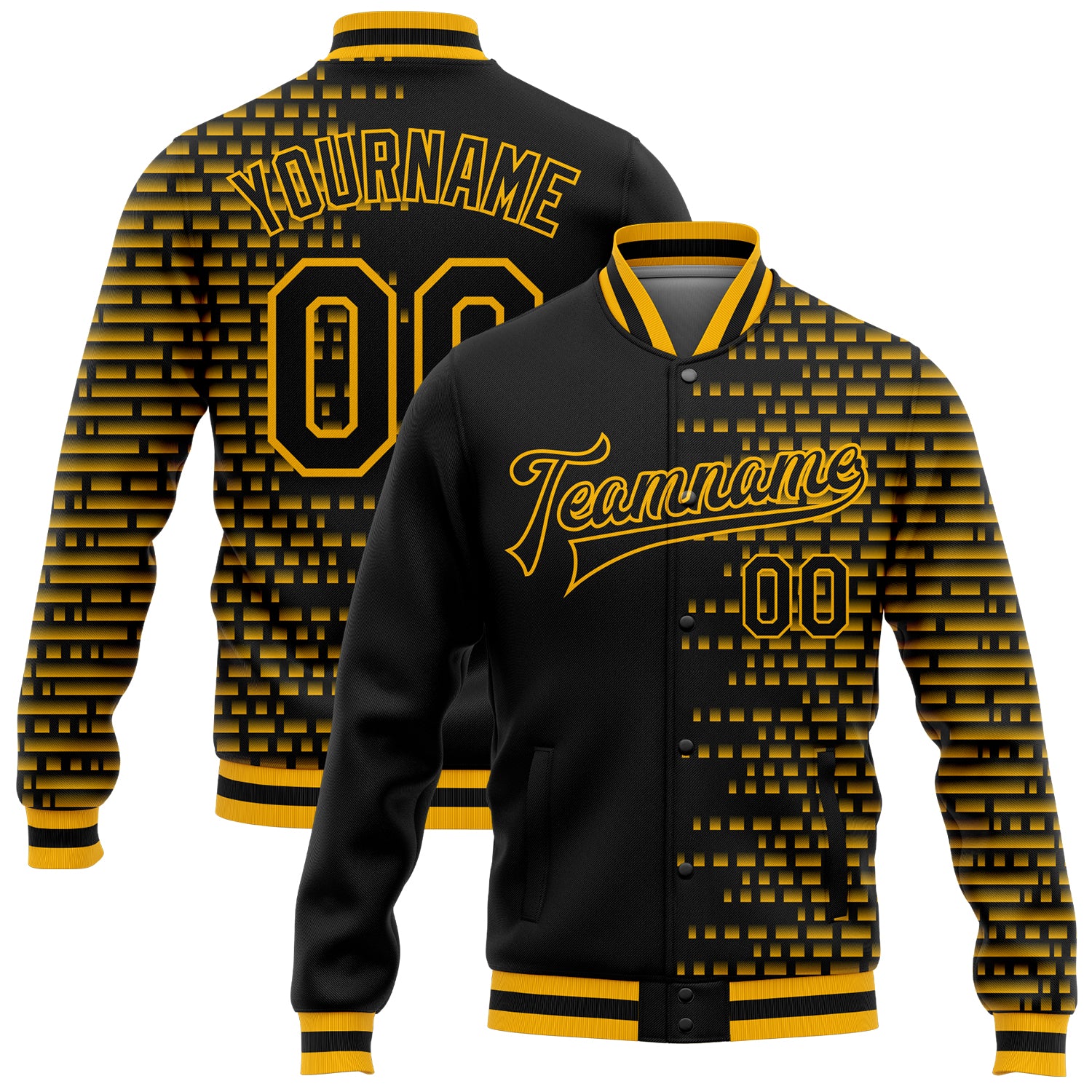 Custom Name and Number Black Gold Halftone 3D Varsity Letterman Bomber Jacket Personalized Black Gold Halftone 3D Pattern