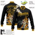 Custom Black Gold Heron Tiger 3D Bomber Varsity Letterman Jacket Full-Snap Personalized Black Gold Heron And Tiger 3D Bomber