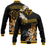 Custom Black Gold Heron Tiger 3D Bomber Varsity Letterman Jacket Full-Snap Personalized Black Gold Heron And Tiger 3D Bomber