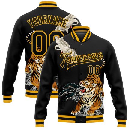 Custom Black Gold 3D Heron and Tiger Varsity Jacket with Name and Number - Full Snap Bomber Design Personalized Black Gold
