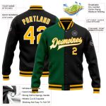 Personalized Team Bomber Jacket in Black Gold-Kelly Green with Custom Name and Number - Full-Snap Varsity Letterman Fashion Jacket