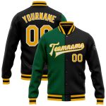 Personalized Team Bomber Jacket in Black Gold-Kelly Green with Custom Name and Number - Full-Snap Varsity Letterman Fashion Jacket