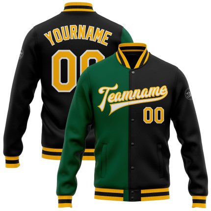 Personalized Team Bomber Jacket in Black Gold-Kelly Green with Custom Name and Number - Full-Snap Varsity Letterman Fashion Jacket