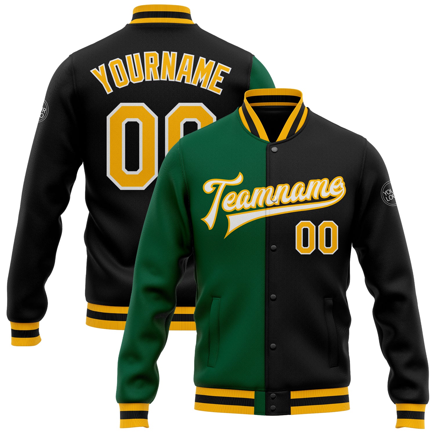 Personalized Team Bomber Jacket in Black Gold-Kelly Green with Custom Name and Number - Full-Snap Varsity Letterman Fashion Jacket