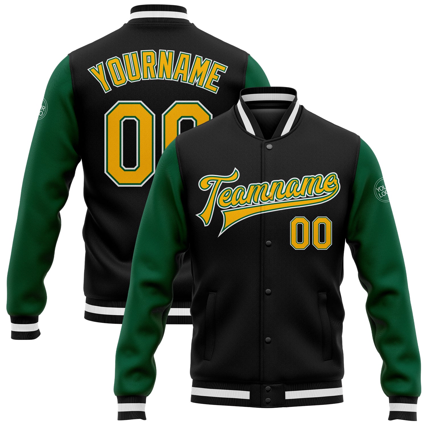 Personalized Two Tone Bomber Jacket Black Gold Kelly Green Varsity Letterman Full-Snap Personalized Black Gold-Kelly Green