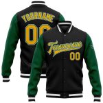 Custom Team Bomber Jacket with Name and Number - Black Gold-Kelly Green Varsity Full-Snap Two Tone Letterman Jacket Personalized