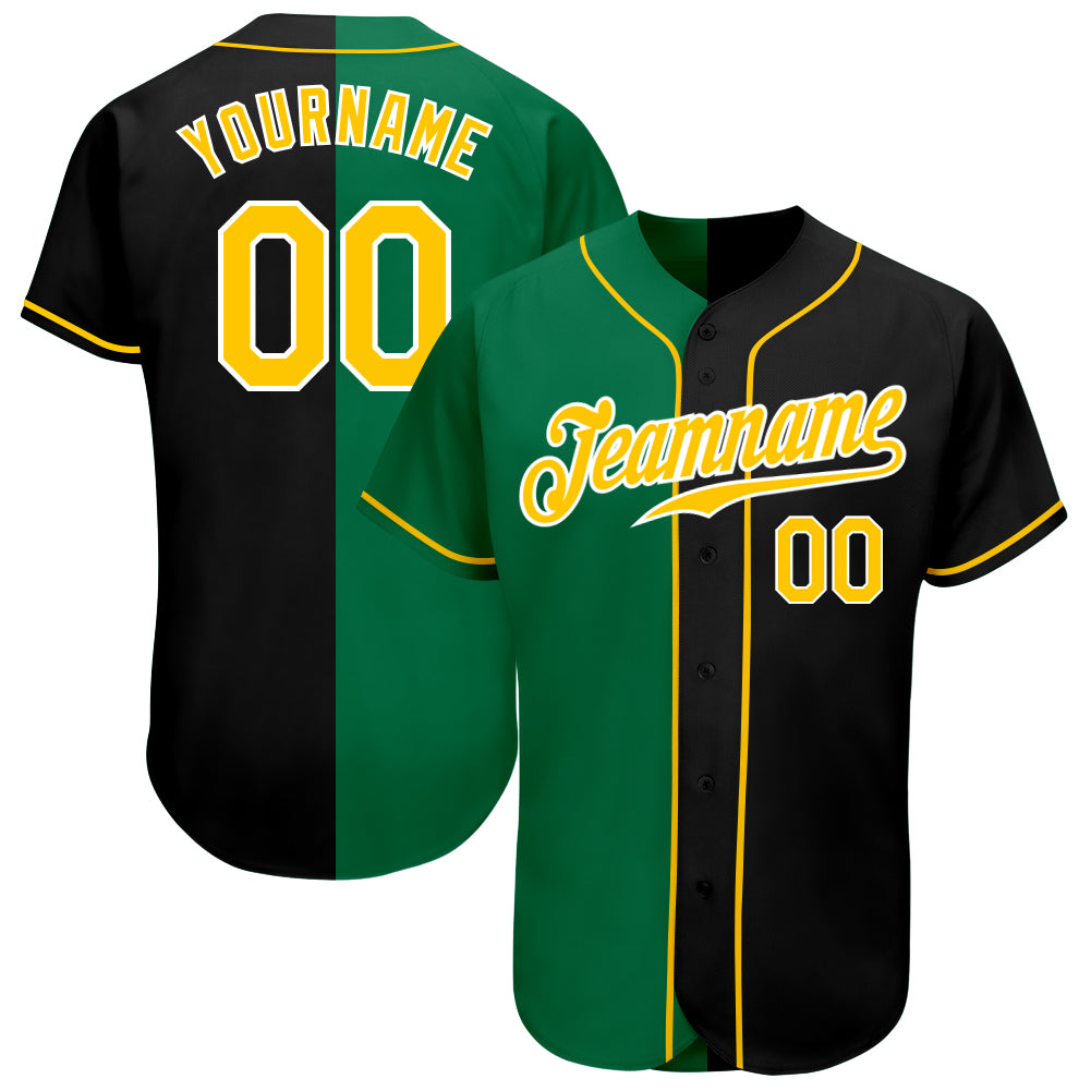 Personalized Black and Gold Kelly Green Split Baseball Jersey for Fashion Lovers Personalized Black Gold-Kelly Green Split