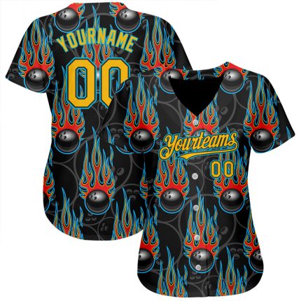 Personalized 3D Bowling Ball Hotrod Flame Black Gold-Lakes Blue Baseball Jersey Personalized Black Gold-Lakes Blue 3D Bowling