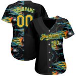 Personalized 3D Black Gold-Lakes Blue Bowling Ball Hotrod Flame Jersey Baseball Personalized Black Gold-Lakes Blue 3D Bowling