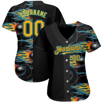 Personalized 3D Black Gold-Lakes Blue Bowling Ball Hotrod Flame Jersey Baseball Personalized Black Gold-Lakes Blue 3D Bowling
