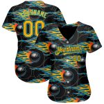 Personalized 3D Bowling Ball Jersey with Black Gold-Lakes Blue Hotrod Flame Design Personalized Black Gold-Lakes Blue 3D