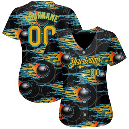 Personalized 3D Bowling Ball Jersey with Black Gold-Lakes Blue Hotrod Flame Design Personalized Black Gold-Lakes Blue 3D