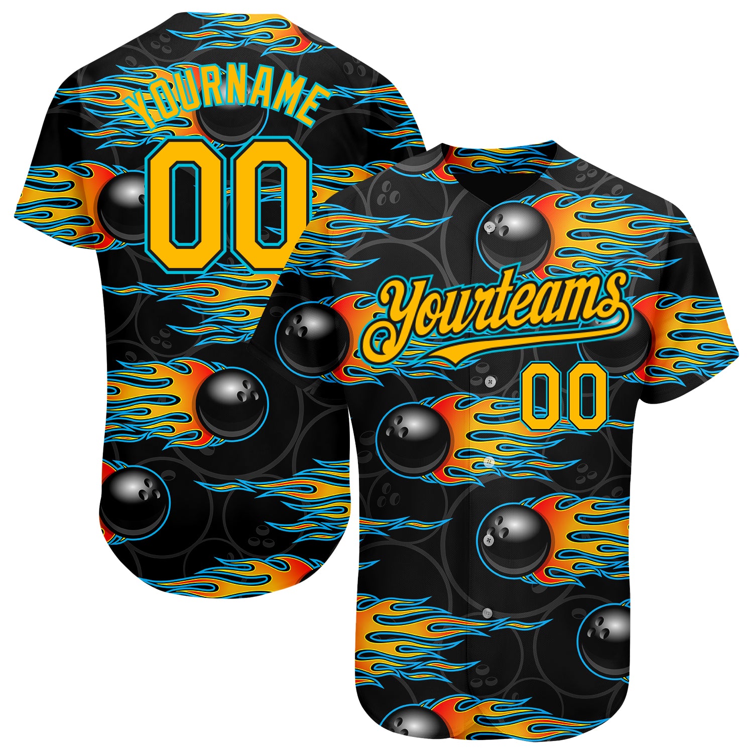 Personalized 3D Bowling Ball Jersey with Black Gold-Lakes Blue Hotrod Flame Design Personalized Black Gold-Lakes Blue 3D