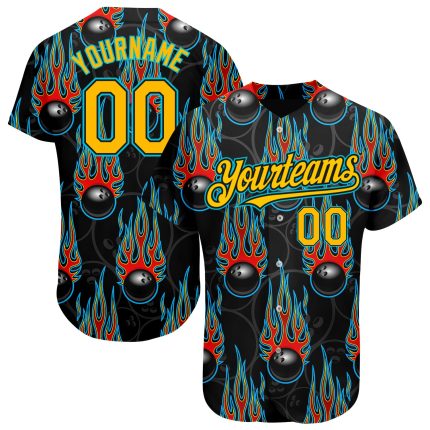 Personalized Black Gold-Lakes Blue 3D Pattern Bowling Ball with Hotrod Flame Baseball Jersey Authentic Design Personalized