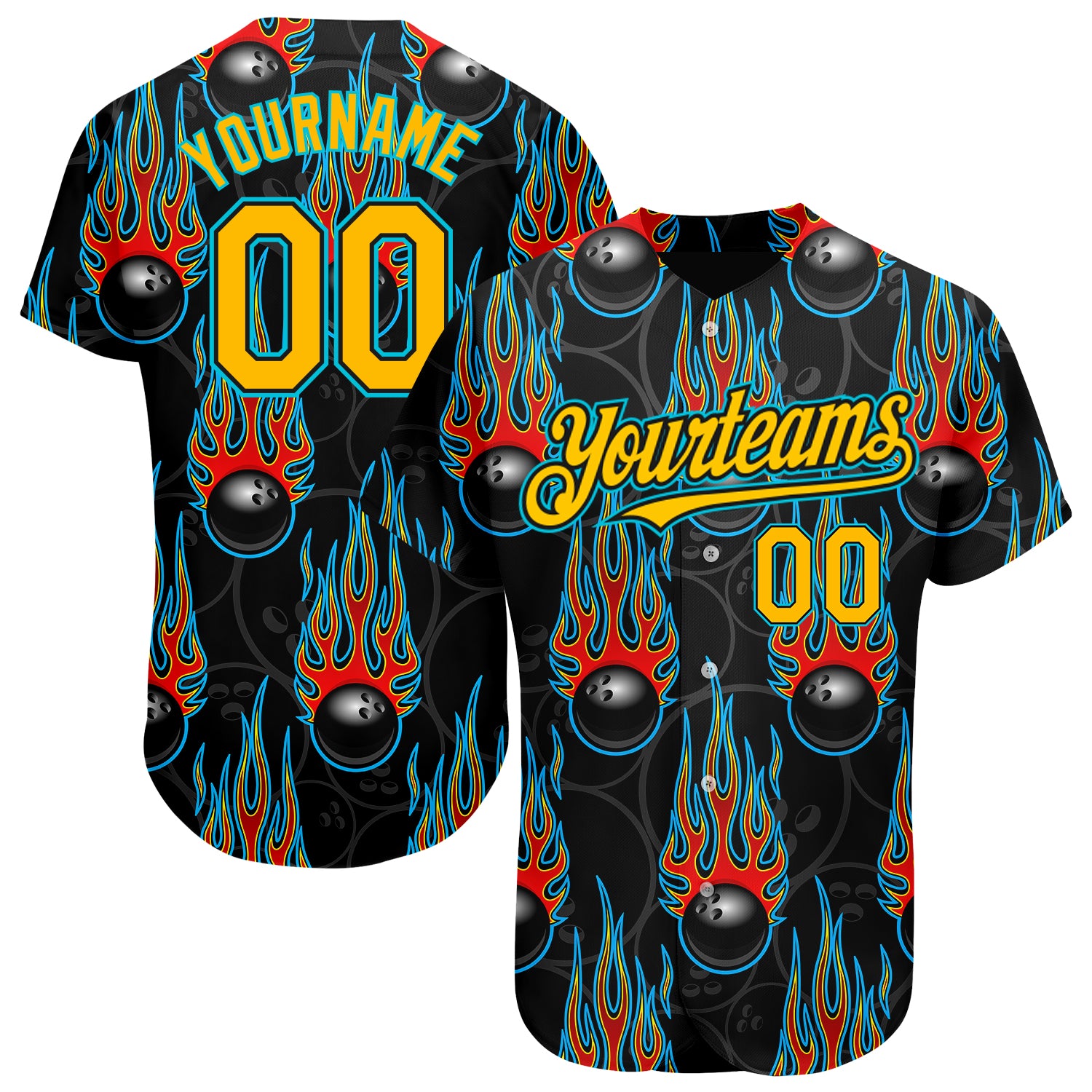 Personalized Black Gold-Lakes Blue 3D Pattern Bowling Ball with Hotrod Flame Baseball Jersey Authentic Design Personalized