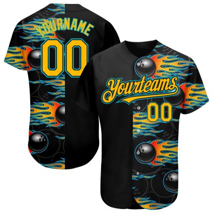 Custom Name and Number Bowling Ball - Personalized Black Gold-Lakes Blue 3D Pattern with Hotrod Flame Baseball Jersey Design