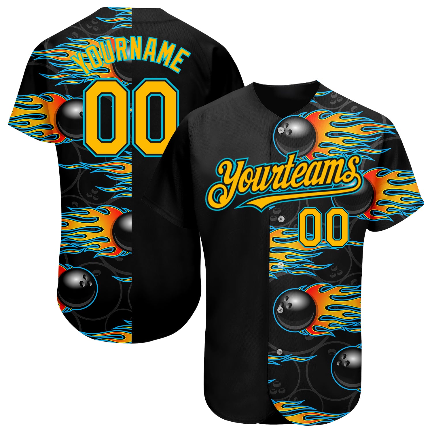 Custom Name and Number Bowling Ball - Personalized Black Gold-Lakes Blue 3D Pattern with Hotrod Flame Baseball Jersey Design