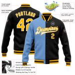 Personalized Black Gold Light Blue Varsity Letterman Bomber Jacket Full Snap Fashion Jacket Personalized Black Gold-Light