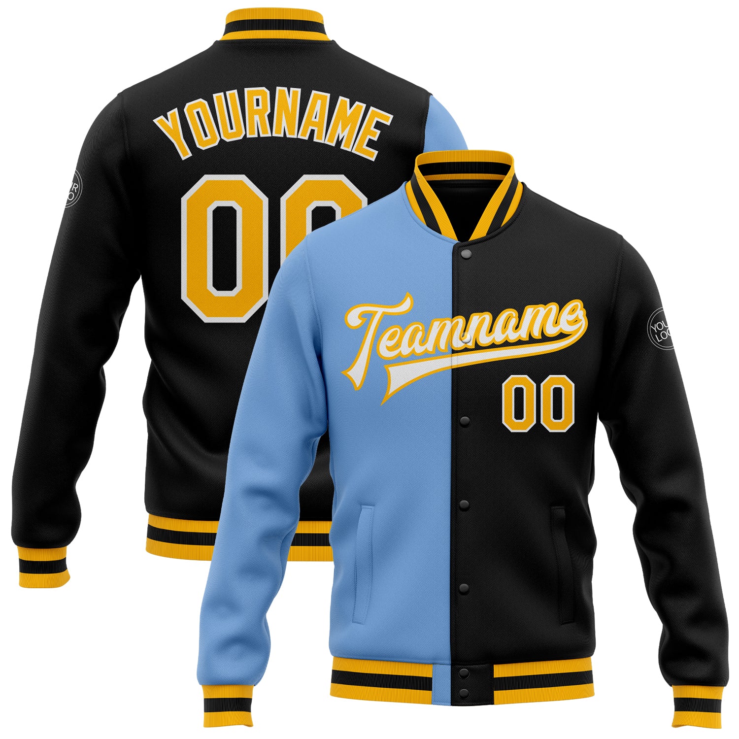 Personalized Black Gold Light Blue Varsity Letterman Bomber Jacket Full Snap Fashion Jacket Personalized Black Gold-Light