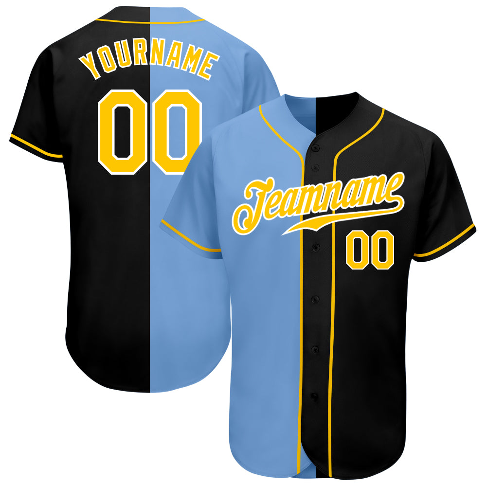 Personalized Black and Light Blue Fashion Baseball Jersey - Custom Split Design Personalized Black Gold-Light Blue Split