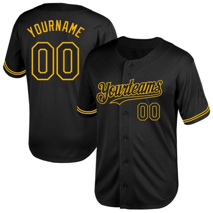 Custom Black Gold Baseball Jersey Personalized Name and Number Authentic Throwback Style Personalized Black Gold Mesh Authentic
