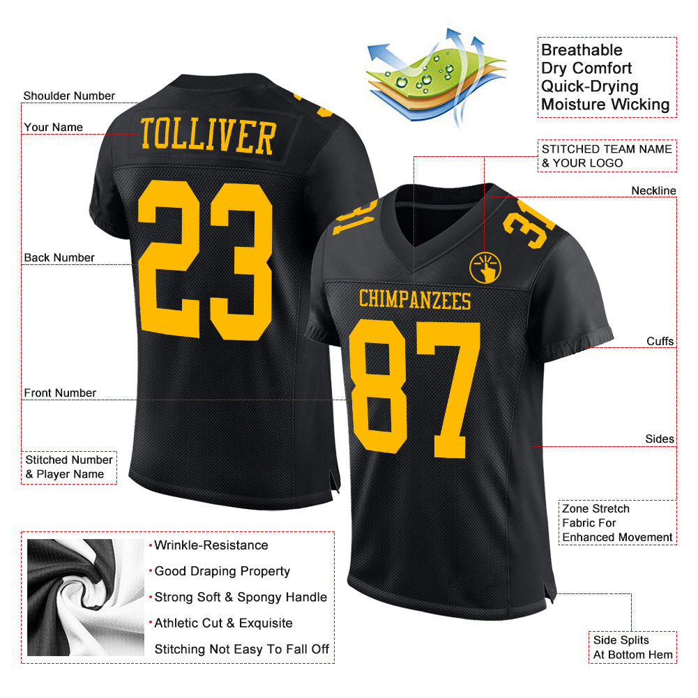 Personalized Black Gold Mesh Football Jersey Personalized Black Gold Mesh Football Jersey - Custom Sports Team Apparel Personalized Black Gold Mesh Football Jersey - Image 2