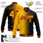Personalized Bomber Jacket Black Gold-Orange Gradient Full-Snap Varsity Letterman Personalized Black Gold-Orange Bomber Full-Snap