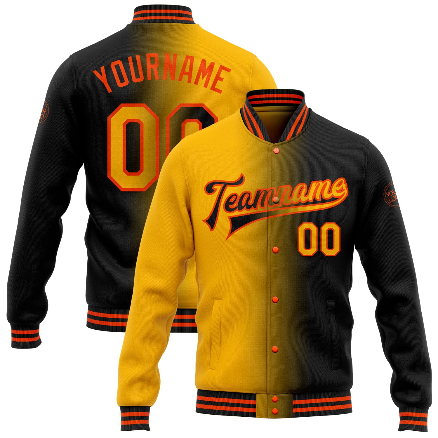 Personalized Bomber Jacket Black Gold-Orange Gradient Full-Snap Varsity Letterman Personalized Black Gold-Orange Bomber Full-Snap
