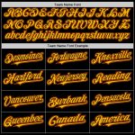 Custom Team Name Number Black Gold-Orange Two Tone Bomber Varsity Hoodie Jacket Full-Snap Personalized Black Gold-Orange