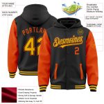 Custom Team Name Number Black Gold-Orange Two Tone Bomber Varsity Hoodie Jacket Full-Snap Personalized Black Gold-Orange