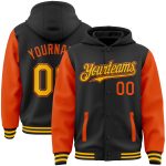 Custom Team Name Number Black Gold-Orange Two Tone Bomber Varsity Hoodie Jacket Full-Snap Personalized Black Gold-Orange