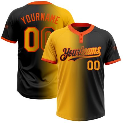 Custom Name Number Personalized Black Gold-Orange Gradient Unisex Softball Jersey Two-Button Fashion Team Apparel Personalized