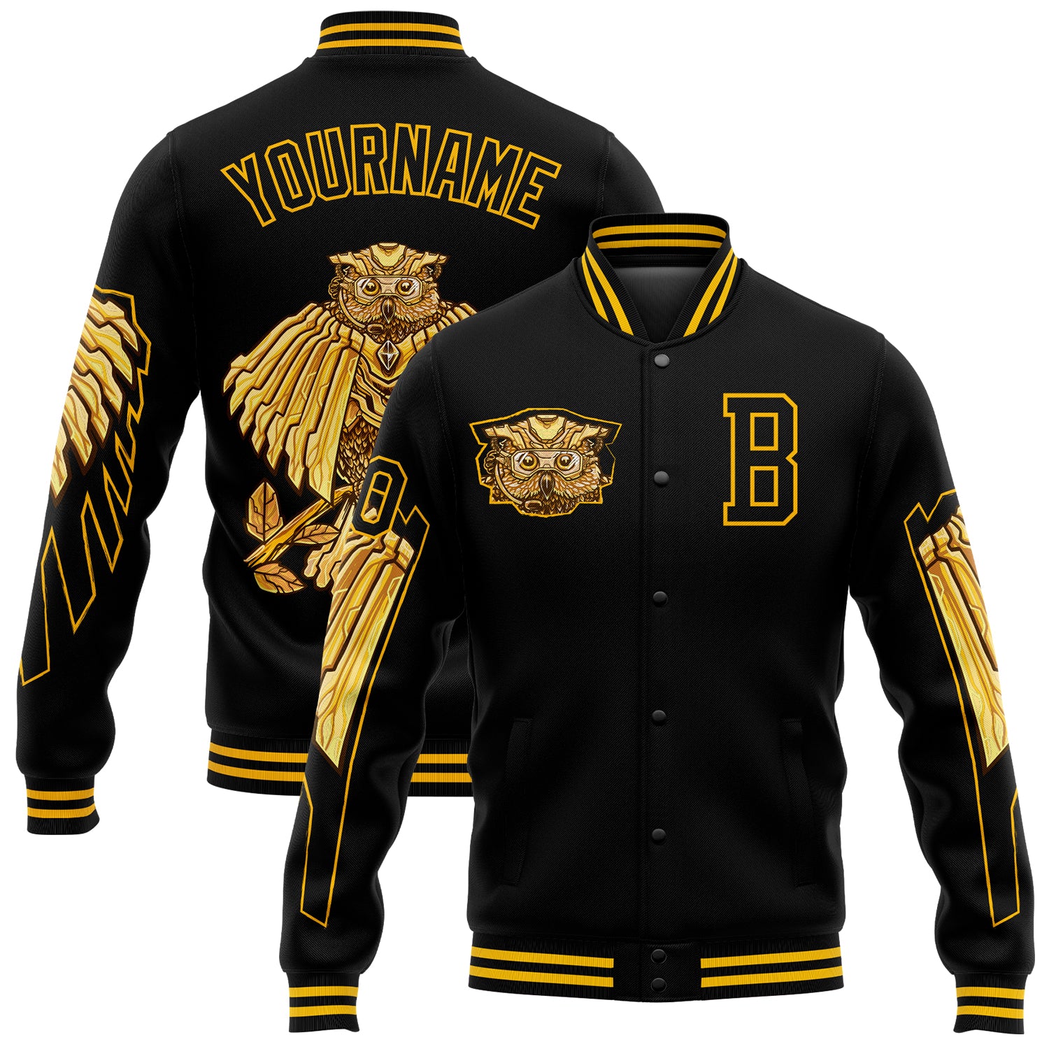Personalized Black Gold Owl Varsity Letterman 3D Bomber Jacket - Custom Full Snap Design Personalized Black Gold Owl 3D Bomber