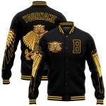 Custom Name and Number Black Gold Owl Varsity Letterman Jacket 3D Pattern Bomber Full-Snap Design Personalized Black Gold