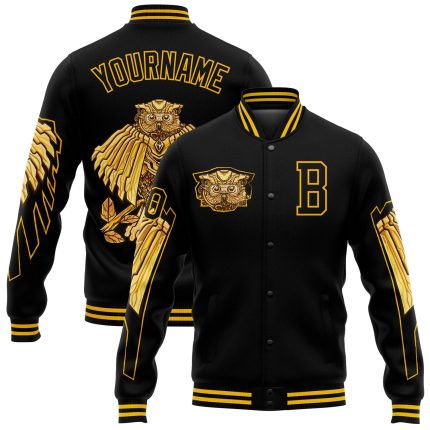 Custom Name and Number Black Gold Owl Varsity Letterman Jacket 3D Pattern Bomber Full-Snap Design Personalized Black Gold