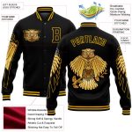 Custom Name and Number Black Gold Owl Varsity Letterman Jacket 3D Pattern Bomber Full-Snap Design Personalized Black Gold