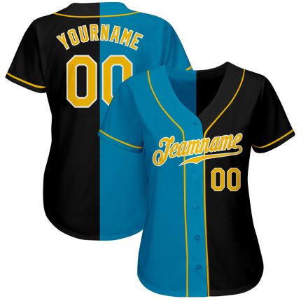 Personalized Black Gold Panther Blue Fashion Baseball Jersey for Men Personalized Black Gold-Panther Blue Split Fashion Baseball