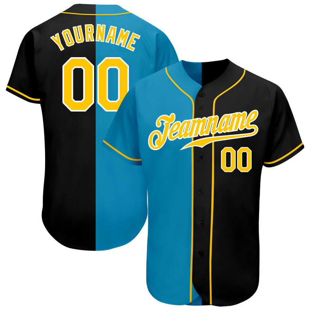 Personalized Black Gold Panther Blue Fashion Baseball Jersey for Men Personalized Black Gold-Panther Blue Split Fashion Baseball