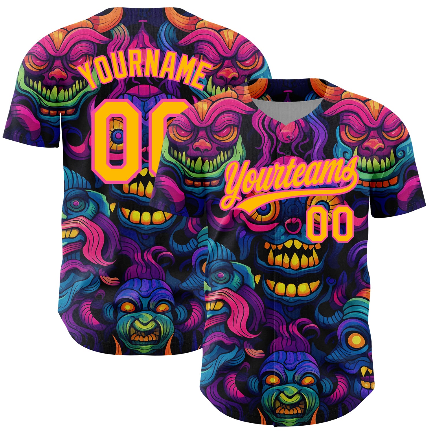 Personalized 3D Abstract Monsters Baseball Jersey in Black and Gold-Pink Personalized Black Gold-Pink 3D Abstract Monsters