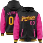 Custom Name and Number Black Gold-Pink Two Tone Hoodie Jacket Varsity Letterman Bomber Full-Snap Personalized Black Gold-Pink