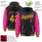 Custom Name and Number Black Gold-Pink Two Tone Hoodie Jacket Varsity Letterman Bomber Full-Snap Personalized Black Gold-Pink