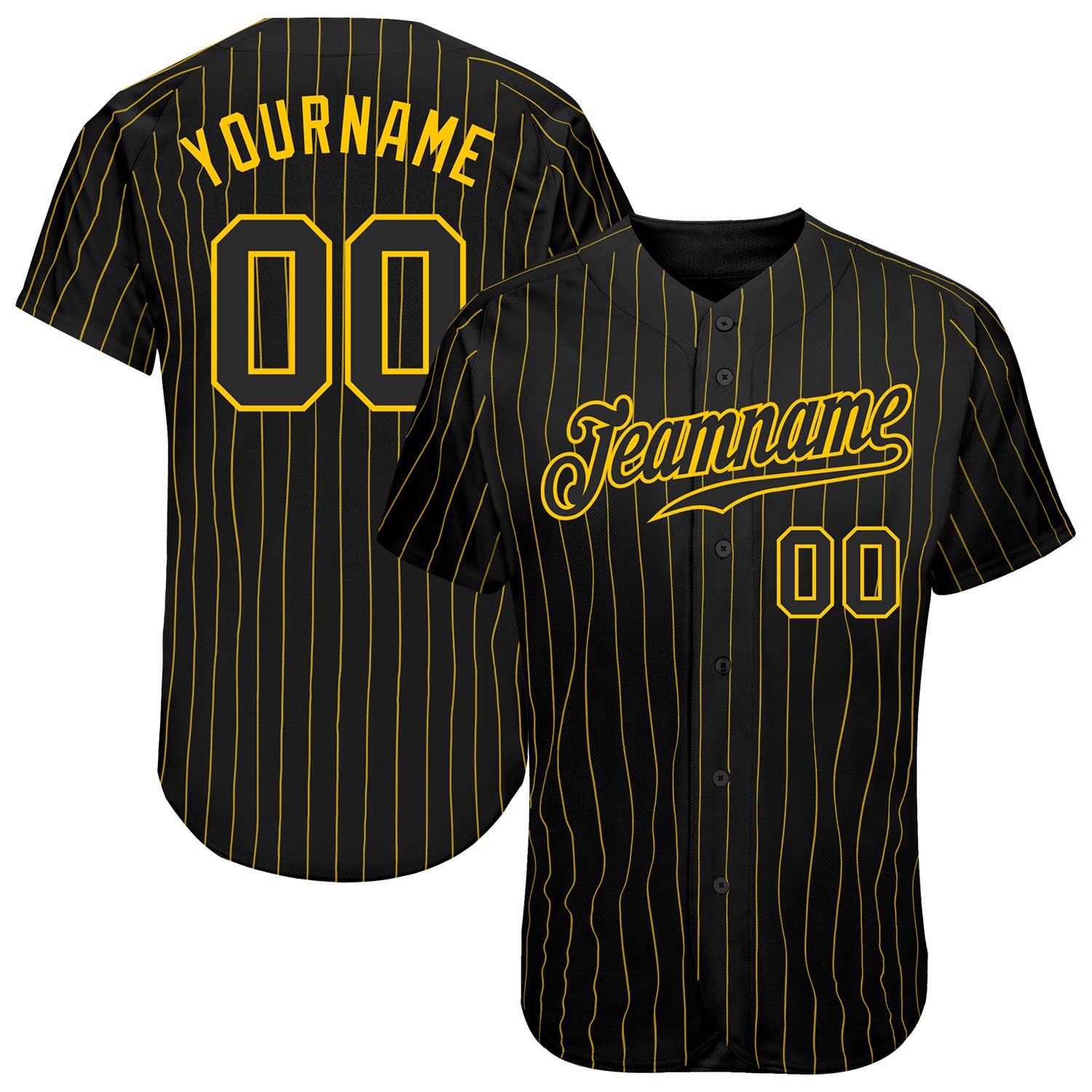 Custom Black Gold Pinstripe Baseball Jersey with Personalized Name and Number - Authentic Team Apparel Personalized Black