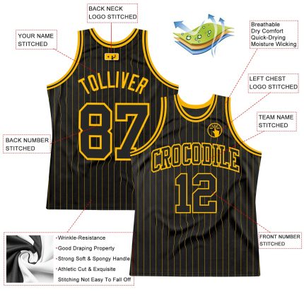 Custom Black Gold Pinstripe Basketball Jersey with Personalized Name and Number - Authentic Team Apparel Personalized Black