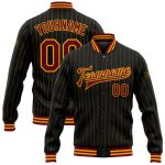 Personalized Bomber Jacket Black Gold Pinstripe Crimson Full-Snap Varsity Letterman Personalized Black Gold Pinstripe Crimson