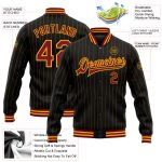 Custom Team Name Number Black Gold Pinstripe Crimson Full-Snap Bomber Varsity Letterman Jacket Personalized Black Gold Pinstripe